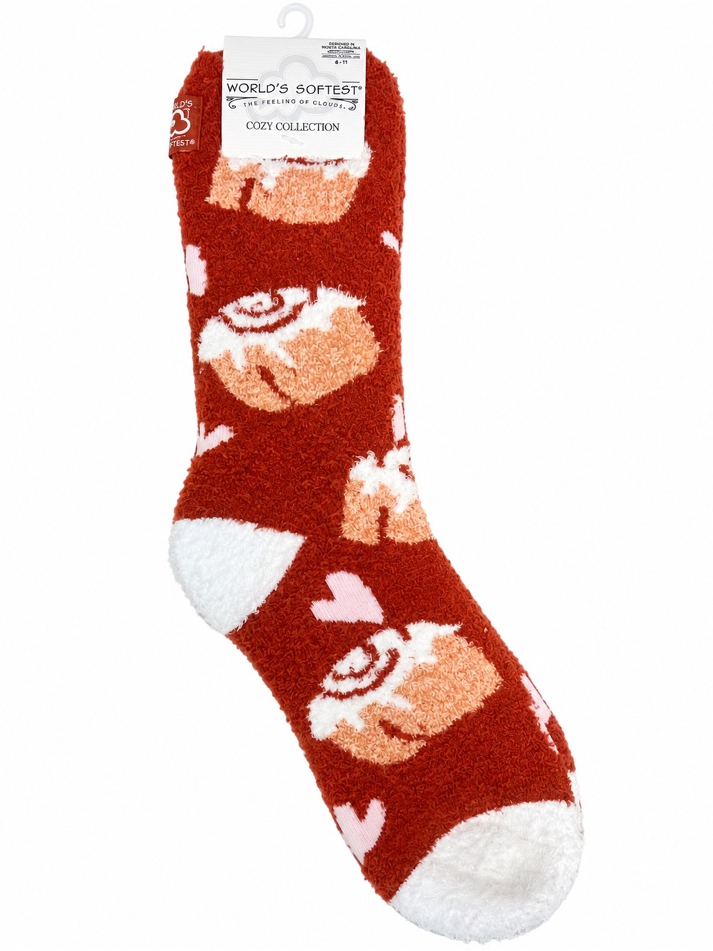 World’s Softest Cinnamon Roll Pink Heart Cozy Socks Red Plush NWT